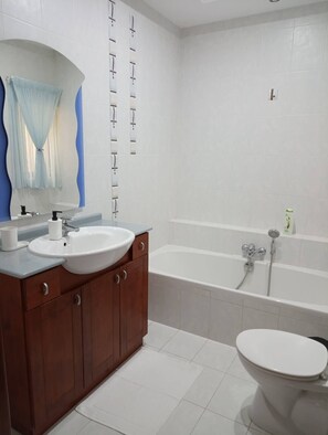 Bathtub, hair dryer, towels, soap