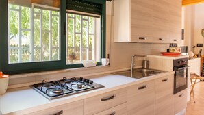Een moderne keuken met een gasfornuis, spoelbak en oven, grote ramen met uitzicht op groen, en lichtkleurige keukenkastjes.