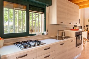 Fridge, microwave, oven, stovetop