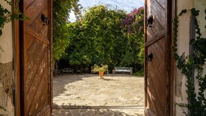 A courtyard with a stone floor, wooden doors, and a potted plant. - Apartment 'Tenuta Donna Vittoria Edera' with Mountain View, Wi-Fi and Air Conditioning (Trapani)