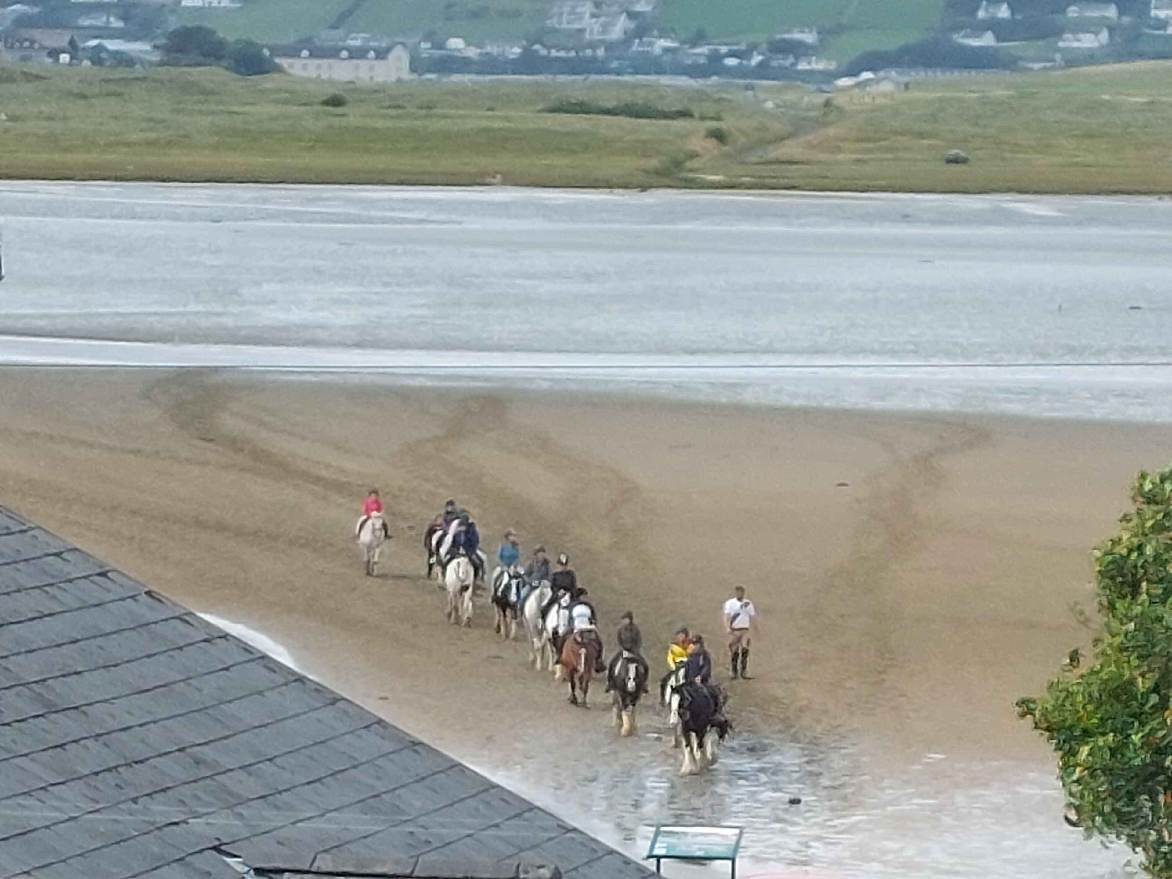 A beach with a group of people riding horses.