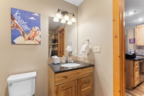 Combined shower/bathtub, hair dryer, towels, soap - River Run Condo with Mountain Views from Private Balcony & Close to Shops! (Keystone)