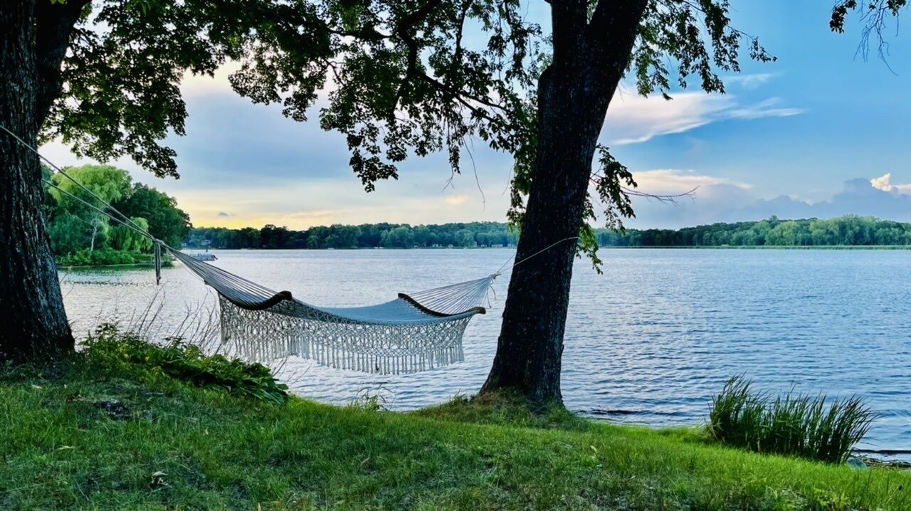 Un hamac est tendu entre deux arbres, au bord d’un lac, offrant une vue dégagée sur l’eau et les arbres qui se dressent au loin.