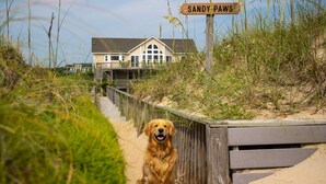 En sti af sand, der fører til et hus med et træskilt, hvor der står "SANDY PAWS".