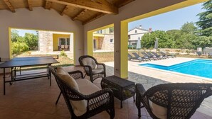 An outdoor patio with wicker furniture, a pool, and a view of a residential area.