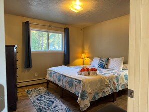 A bedroom with a bed, a bedside lamp, a window with curtains, a dresser, and a rug.
