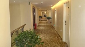 Un pasillo de hotel con piso alfombrado, barandal, plantas en macetas y una puerta al final.