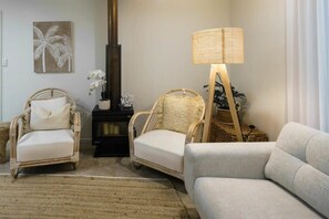 TV, fireplace, books, offices