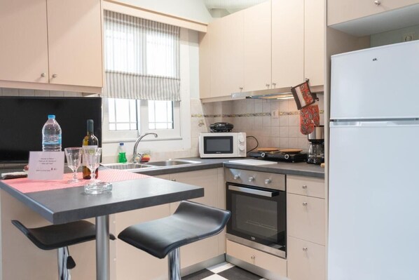 Full-sized fridge, microwave, oven, coffee/tea maker