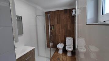 Shower, hair dryer, bidet, towels