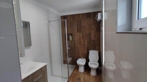 Shower, hair dryer, bidet, towels