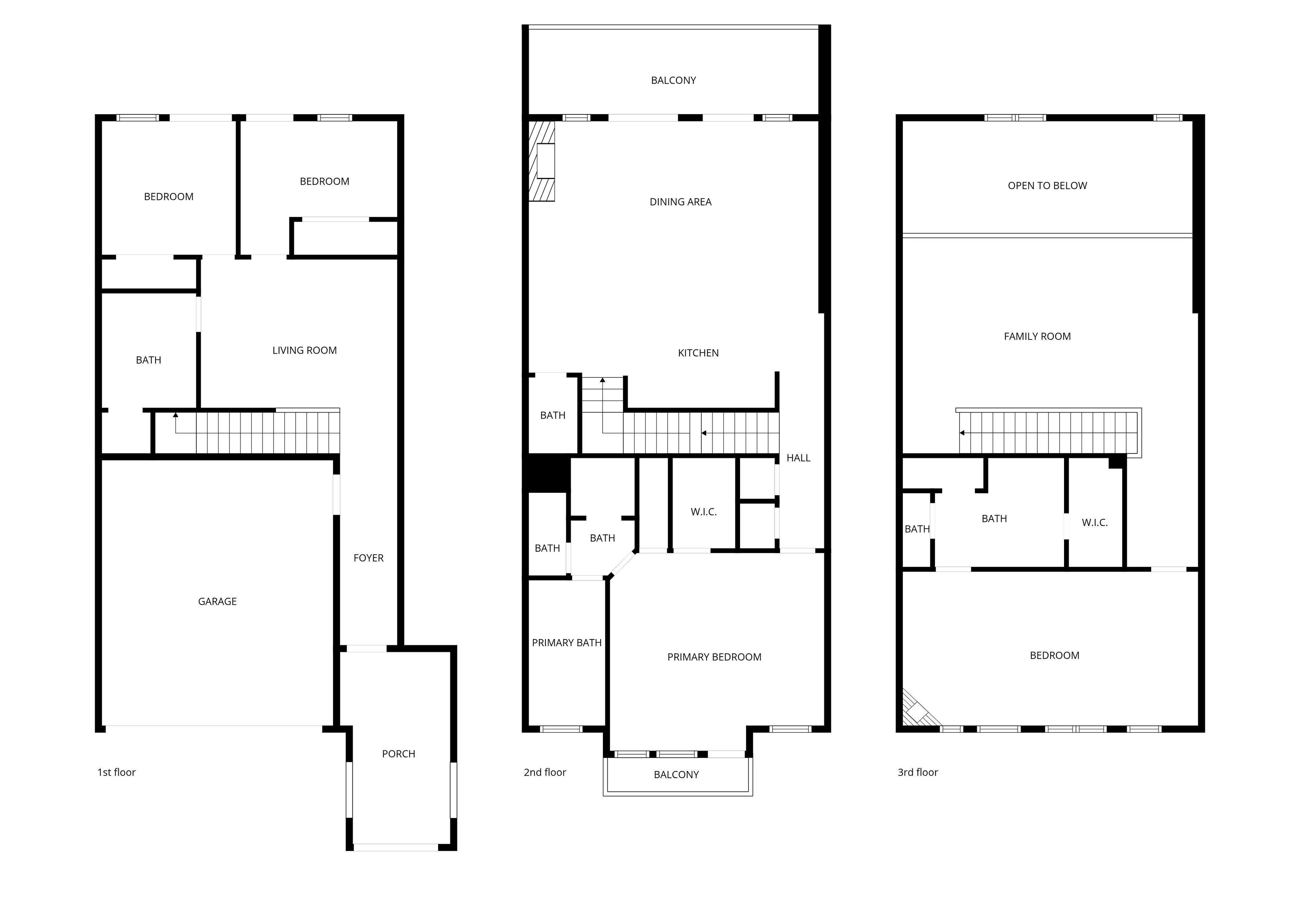 Three floor plans of a building with labeled rooms including bedrooms, bathrooms, a living room, kitchen, dining area, foyer, garage, primary bedroom, primary bathroom, and a balcony.