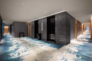 Un largo pasillo con alfombra estampada, ascensores y diseño moderno.
