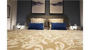 Ein Schlafzimmer mit einem großen Bett, zwei Kissen, einem Kopfteil und zwei Nachttischen mit Lampen.