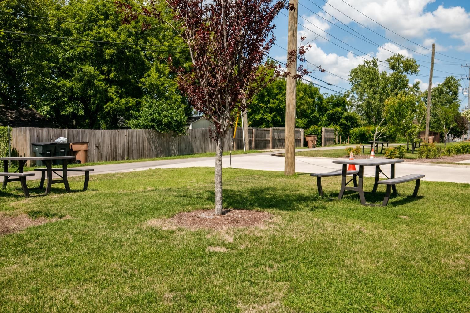 Un espace pique-nique avec deux tables et des bancs, entouré de pelouse et d’arbres.
