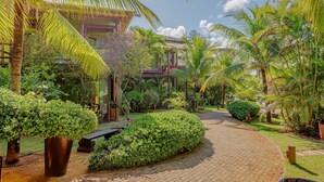 A tropical resort with a paved pathway, palm trees, and lush greenery.