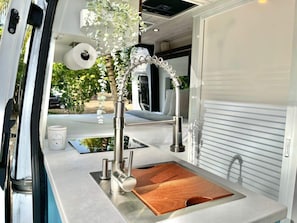 A compact kitchen with a sink, a wooden cutting board, and a hanging plant.