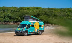 A camper van parked on a sandy beach with a forested background.