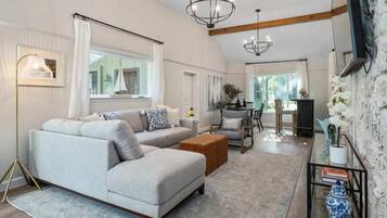 TV, fireplace, books, stereo