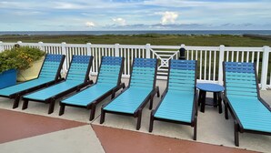 Une terrasse avec des chaises longues et un pot de fleurs, offrant une vue sur un paysage côtier.