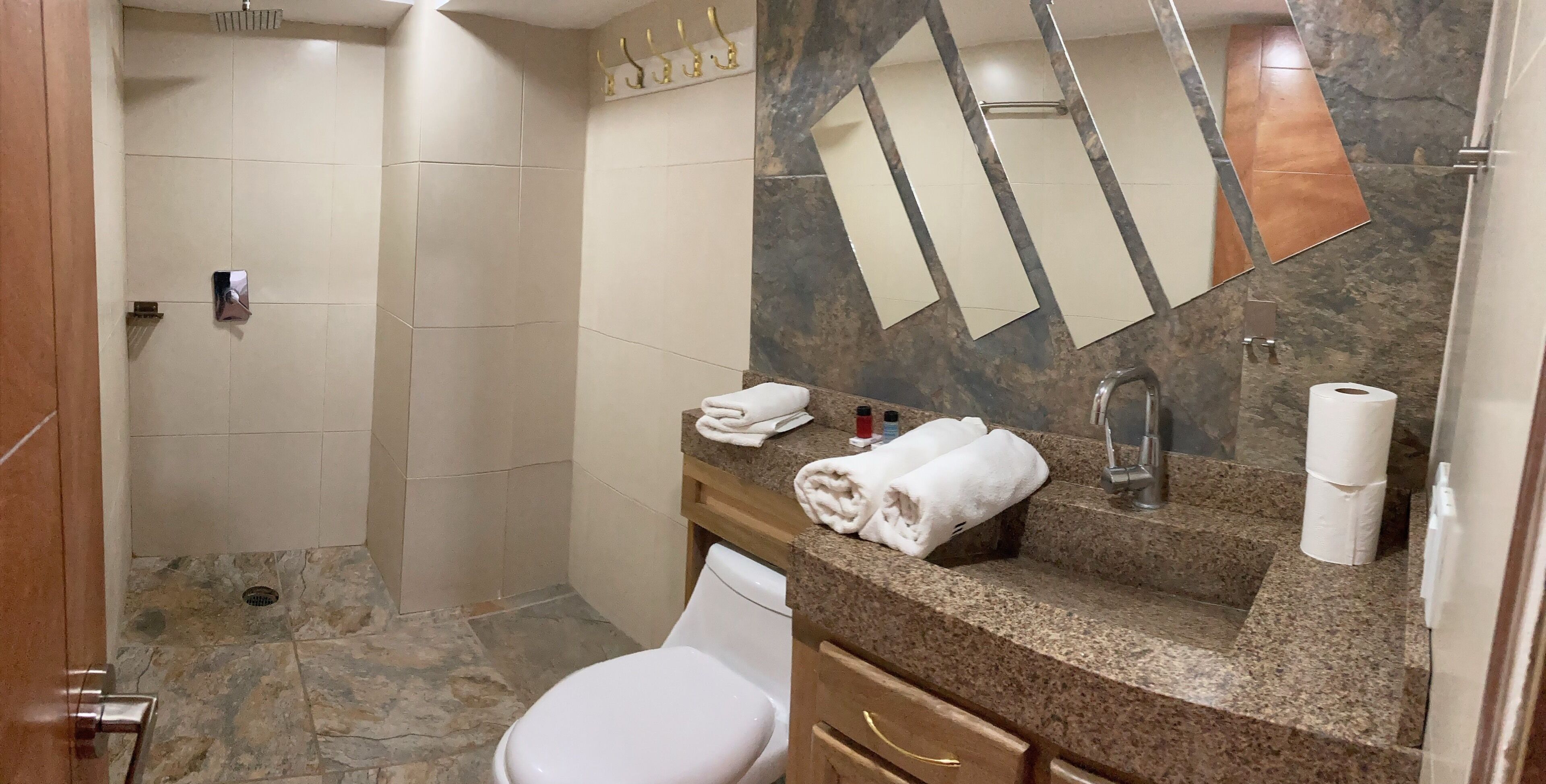 Un baño con ducha, inodoro, lavamanos y espejo.