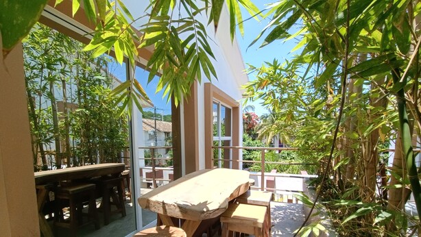 En terrasse med et træbord og stole, omgivet af bambusplanter og en glasvæg.