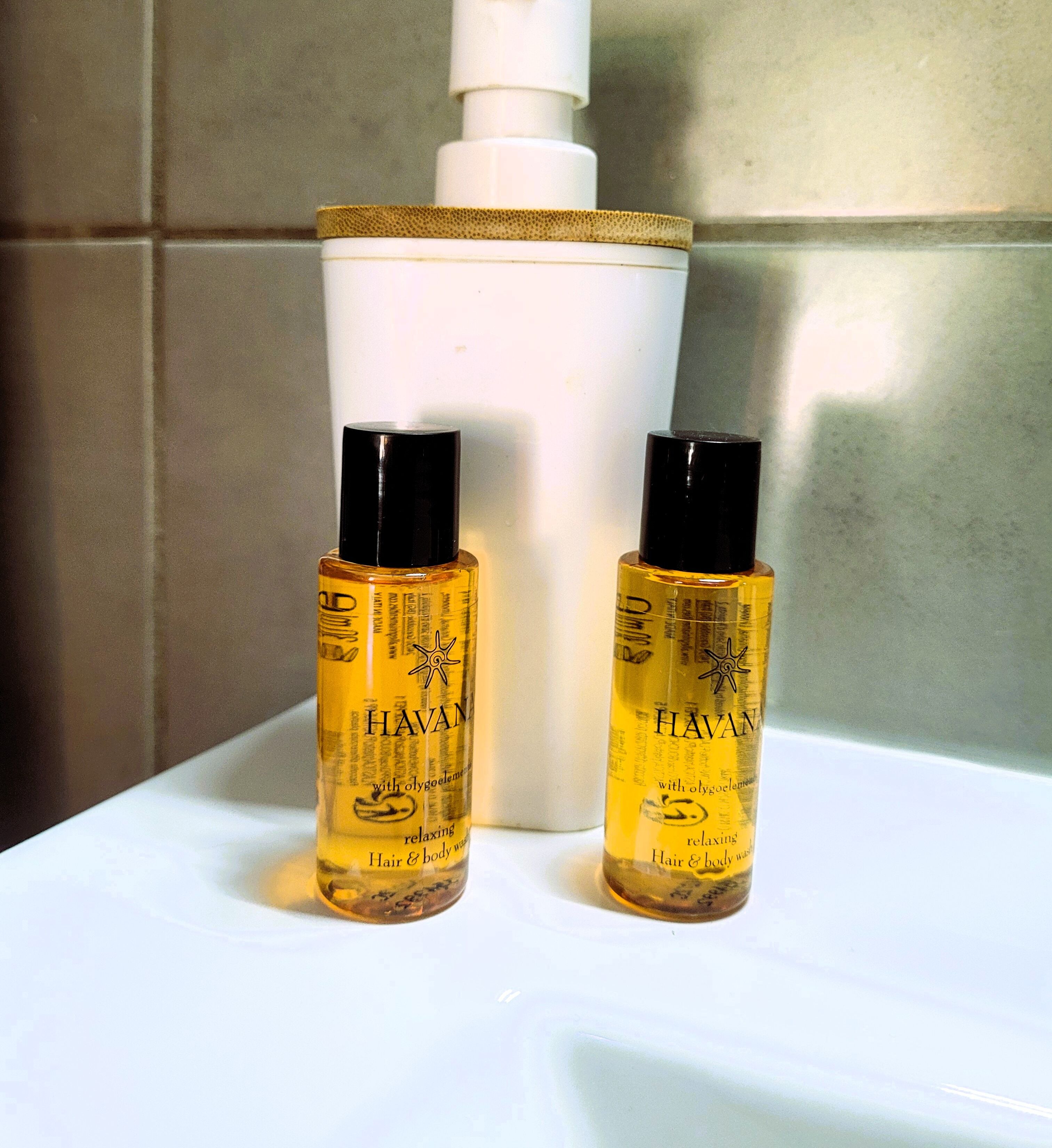 Two bottles of HAVAN body wash and a white pump bottle on a white surface.