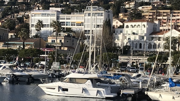 Ein Yachthafen mit mehreren vertäuten Booten, umgeben von Gebäuden und Palmen.
