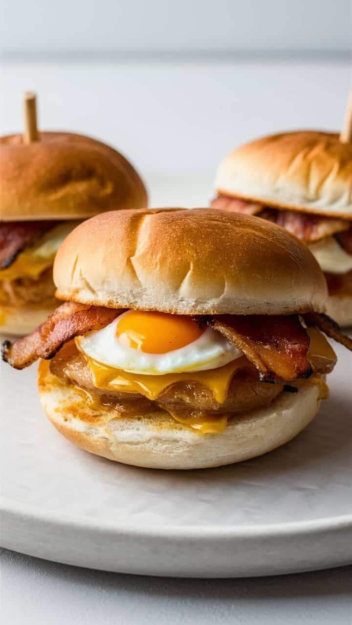 A breakfast sandwich with bacon, egg, and cheese on a bun.