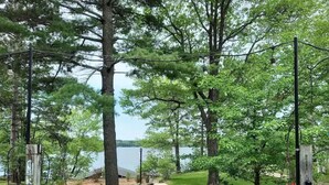 A pathway leading to a lake, surrounded by trees and featuring hanging flower baskets.