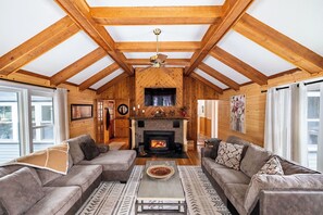 Smart TV, fireplace, books