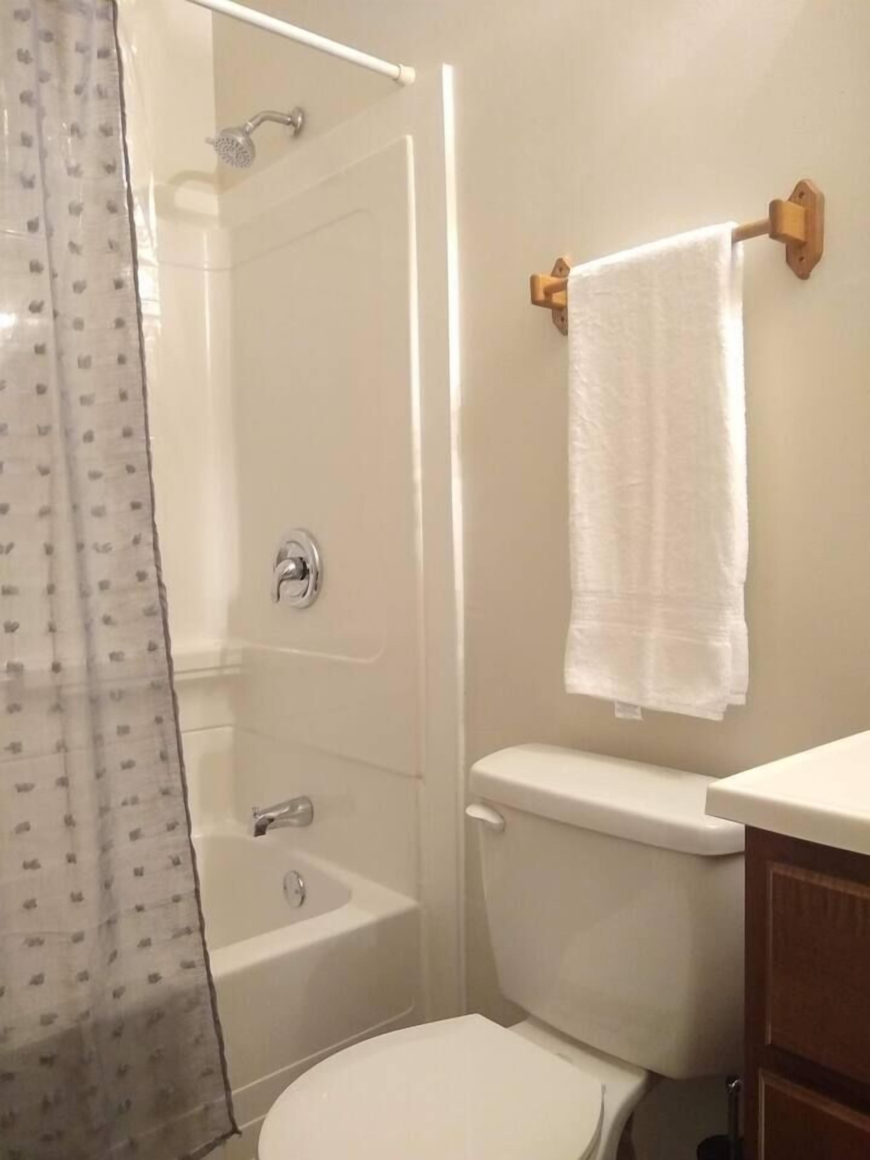 A bathroom with a toilet, a bathtub, and a shower.