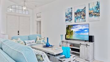 Smart-TV, Tischfußball, Tischtennisplatte, Bücher