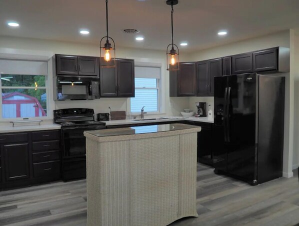 Frigorífico, microondas, horno y placa de cocina