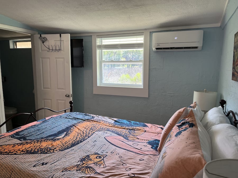 A bedroom with a bed, a window, an air conditioner, and a door.
