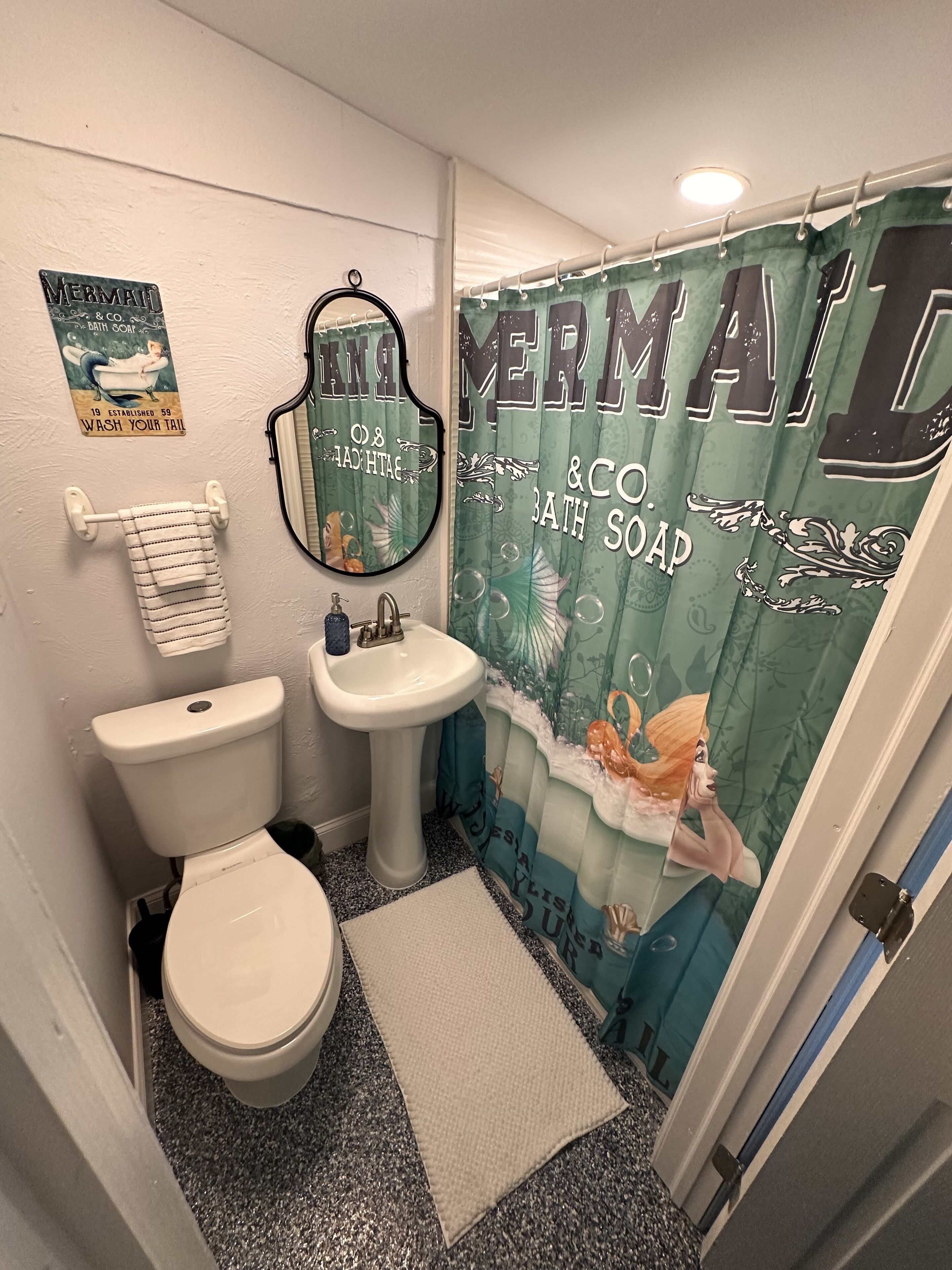 A bathroom with a toilet, sink, and shower curtain featuring a mermaid theme.