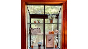 A window with a wooden frame, divided into four sections, each containing various items like potted plants, a sign, and decorative objects. - SkyBarn on Rocky Knob - Views, Relaxation, Adventure, Game Room & Hot Tub (Zionville)