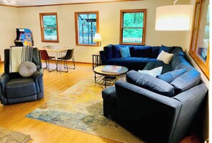 Smart TV, fireplace, video games, DVD player