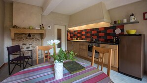 Cocina compacta con chimenea de piedra, mantel a rayas y refrigerador moderno.