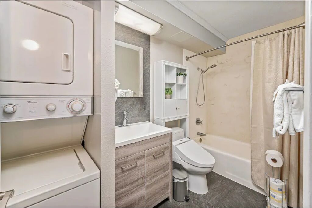 Combined shower/tub, hair dryer, bidet, towels