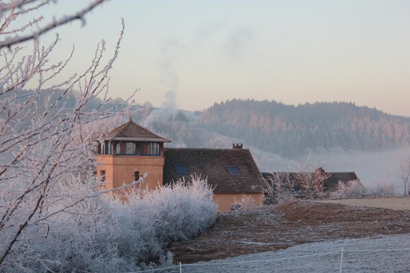 A rustic building with a prominent tower, surrounded by frosty vegetation and a hilly landscape in the background.