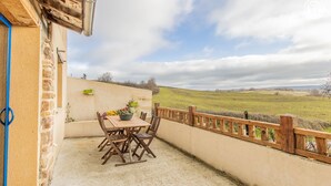 A patio with a table and chairs, a potted plant, and a view of a green field.