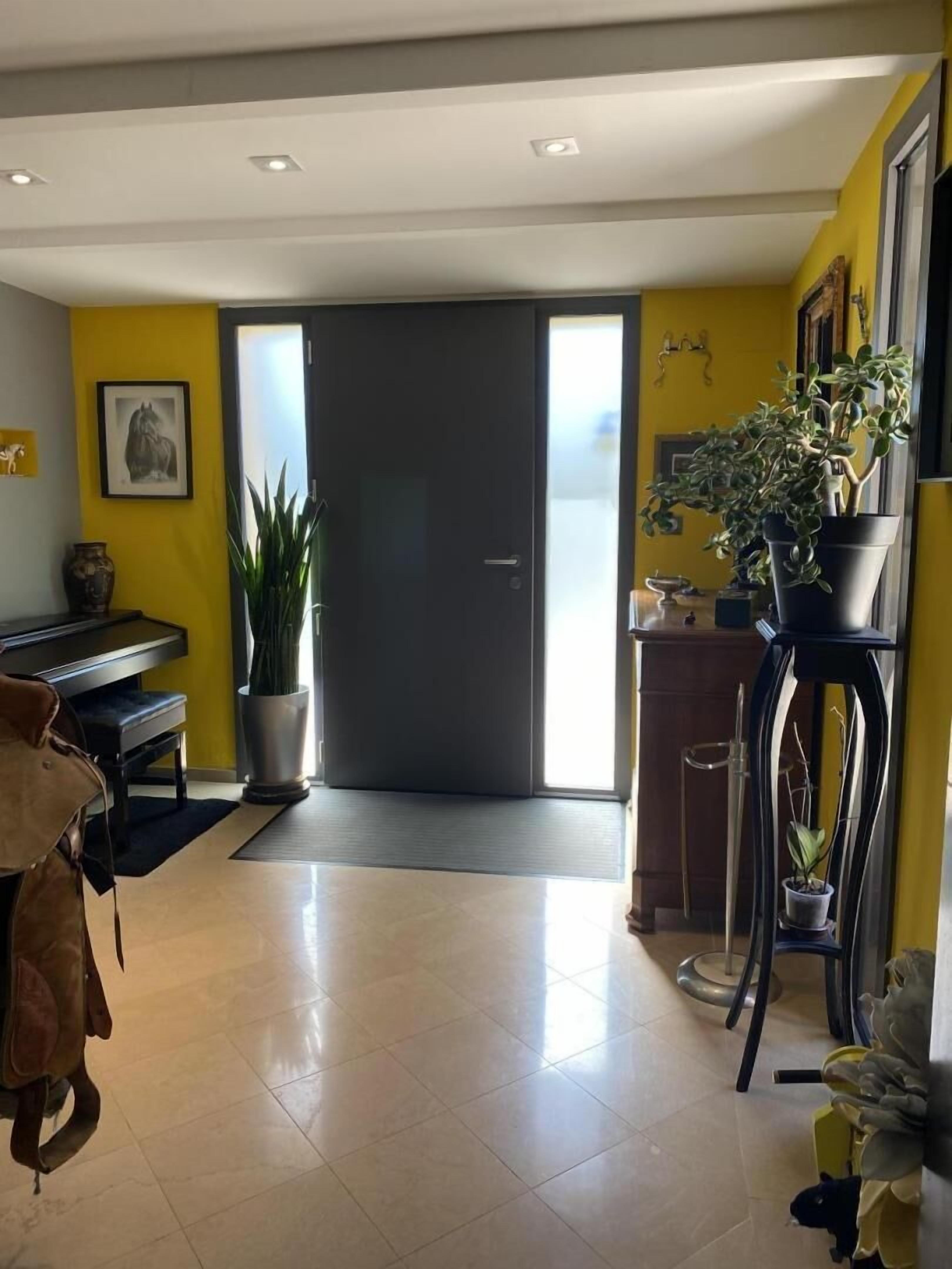 A modern living room with a piano, a large potted plant, and a door leading to another room.