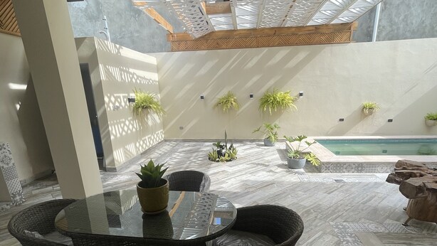 A glass-enclosed patio with a pool, wicker furniture, and potted plants.