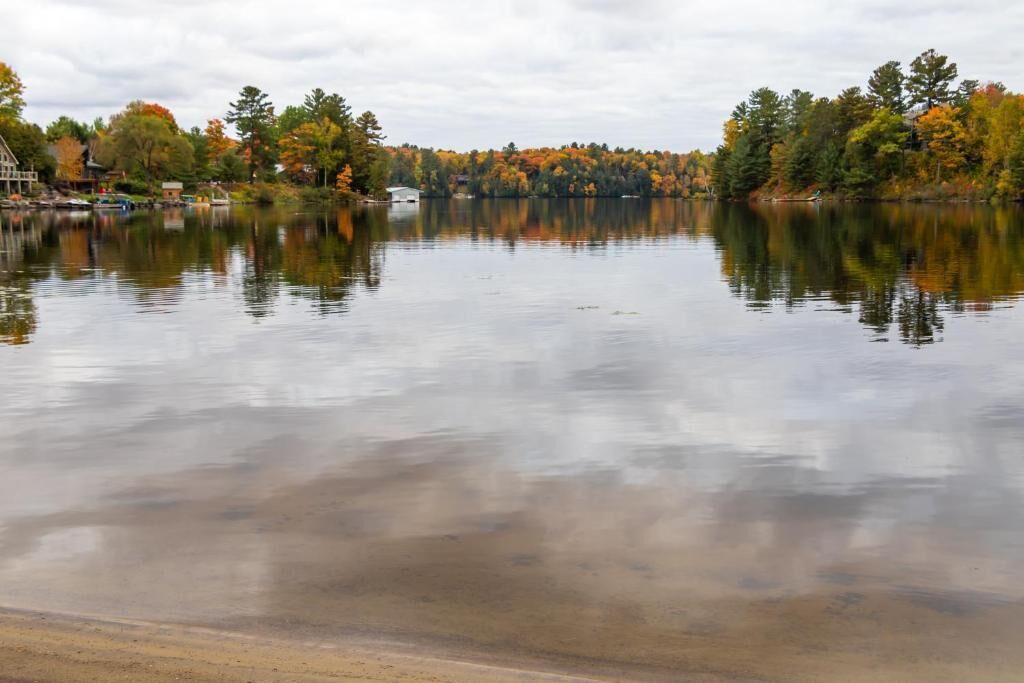 A calm lake with autumn foliage and a dock.