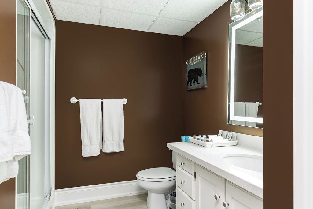 Une salle de bain avec des murs marron, des toilettes blanches et un lavabo blanc avec un miroir au-dessus.