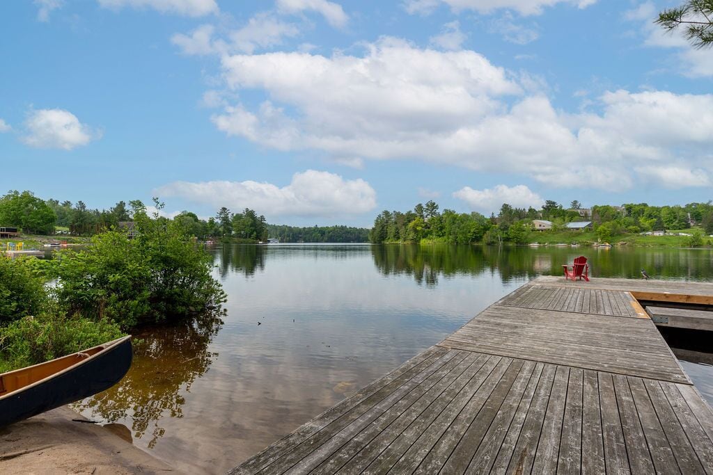 A wooden dock extending into calm water, surrounded by lush greenery and trees.