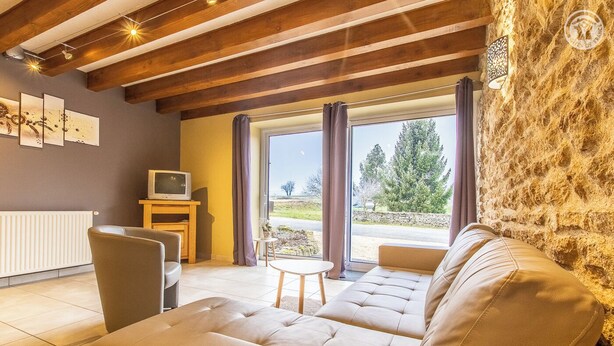 Una sala de estar acogedora con un sofá, un televisor y una pared de piedra.