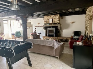 TV, fireplace, table football