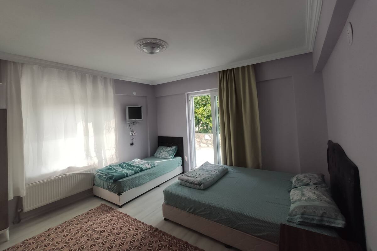 A bedroom with two beds, a TV, a window with curtains, and a radiator.